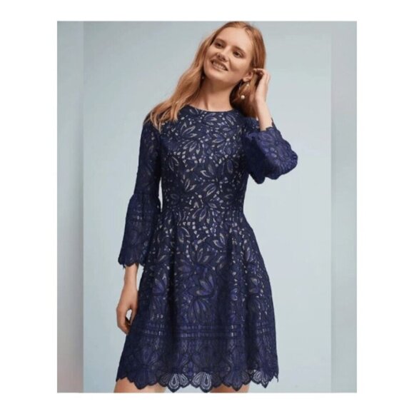 Eliza J Dresses & Skirts - ELIZA J Reverie Navy Blue Nude Lined Lace Dress Bell Sleeves Fit Flare Size 8